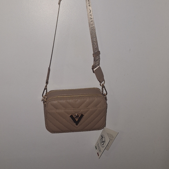 Valentino Orlandi Handbags - Valentino Orlandi Taupe Quilted Crossbody with Gold V Accent